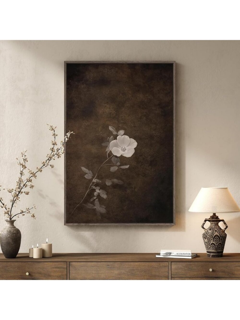 Framed Vertical Vintage Floral Wall Art - Wabi Sabi Japandi Style, 24x36